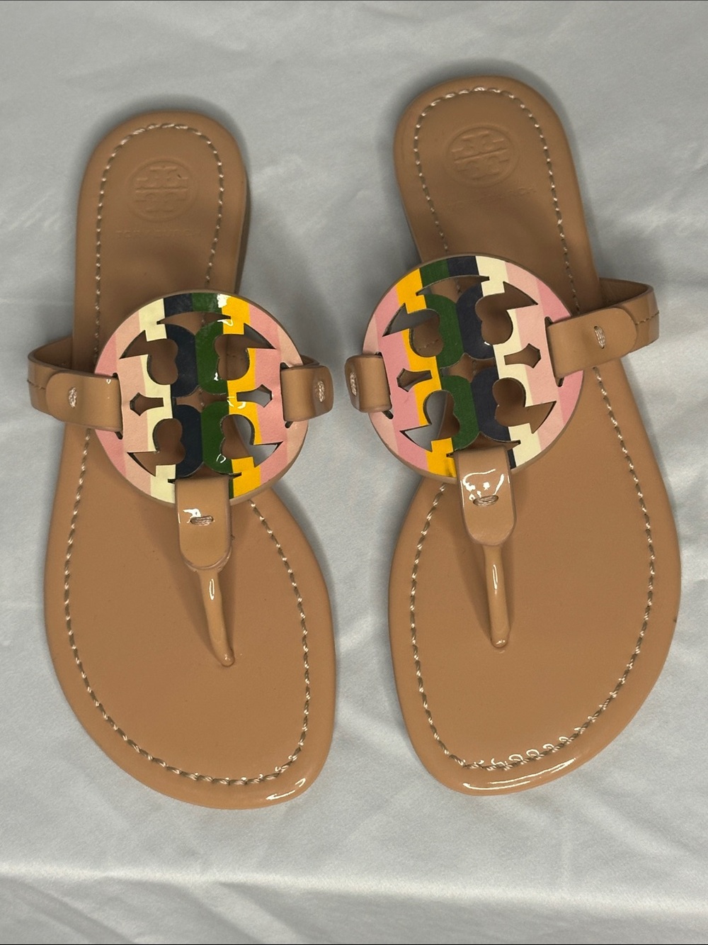 Tory Burch Tan Thong Sandals with Multicolor Logo Medallions
